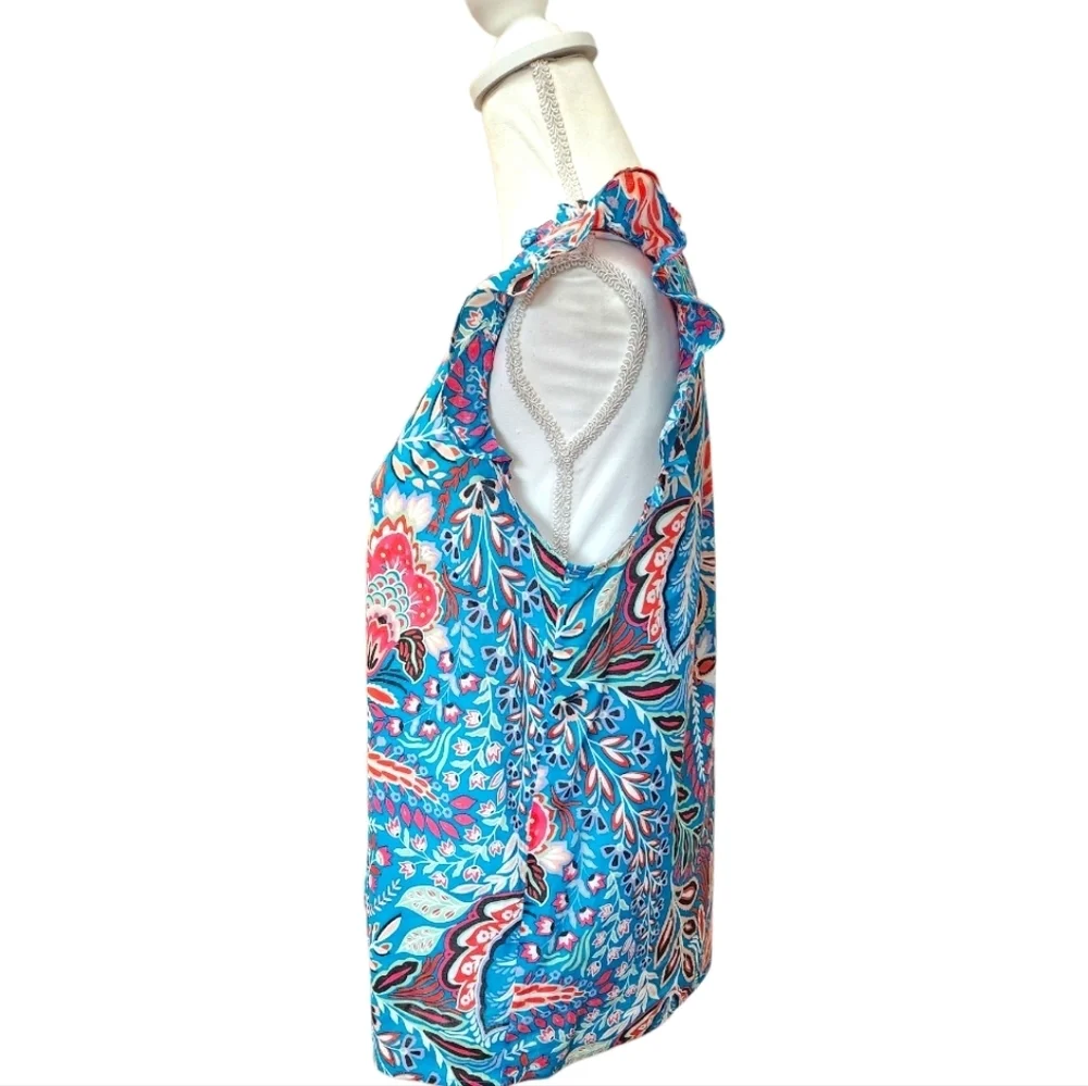 Talbots Botanical Paisley Ruffle Trim Shell Teal Turquoise Pink Floral, Medium - Picture 9 of 13